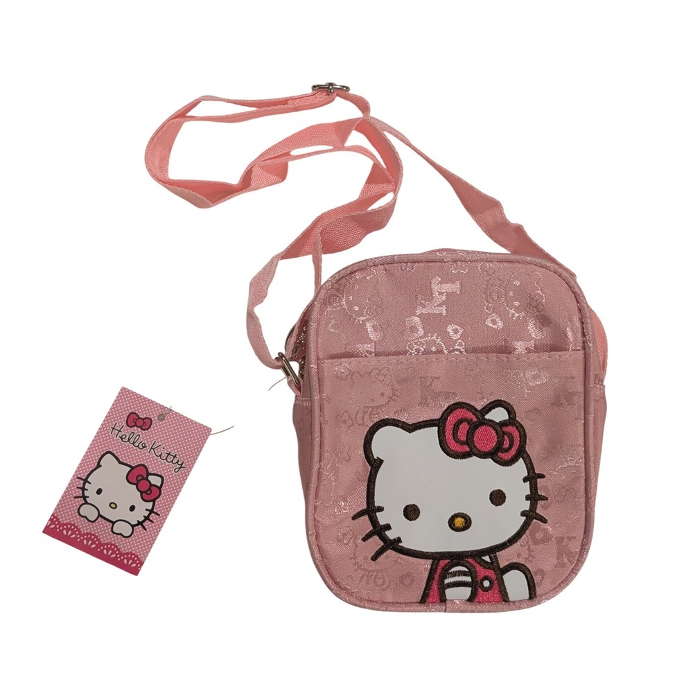 Hello Kitty Sanrio Pink Nylon Mini Crossbody Bag Jacquard Logo Kawaii Travel Y2K